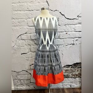 Tahari Geometric Pattern Dress Black‎ White Orange Retro Pleated Fit & Flare